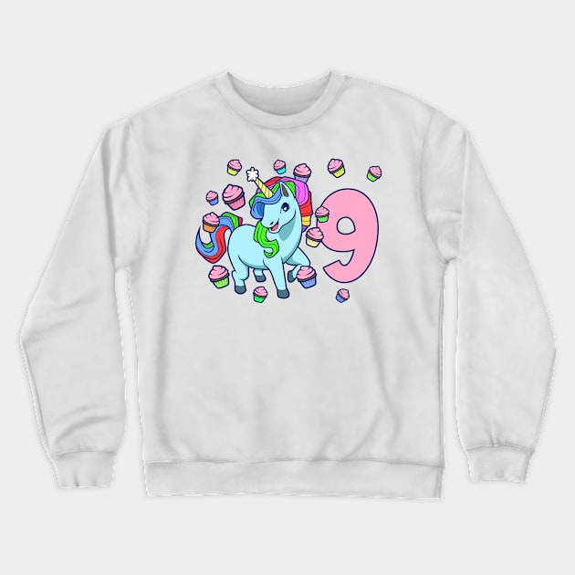 I am 9 with unicorn - girl birthday 9 years old Crewneck Sweatshirt by Modern Medieval Design